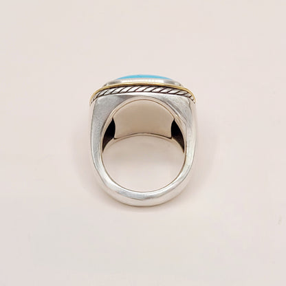 David Yurman Albion Turquoise Statement Ring Sterling Silver 18K Gold 18mm Size 7.5