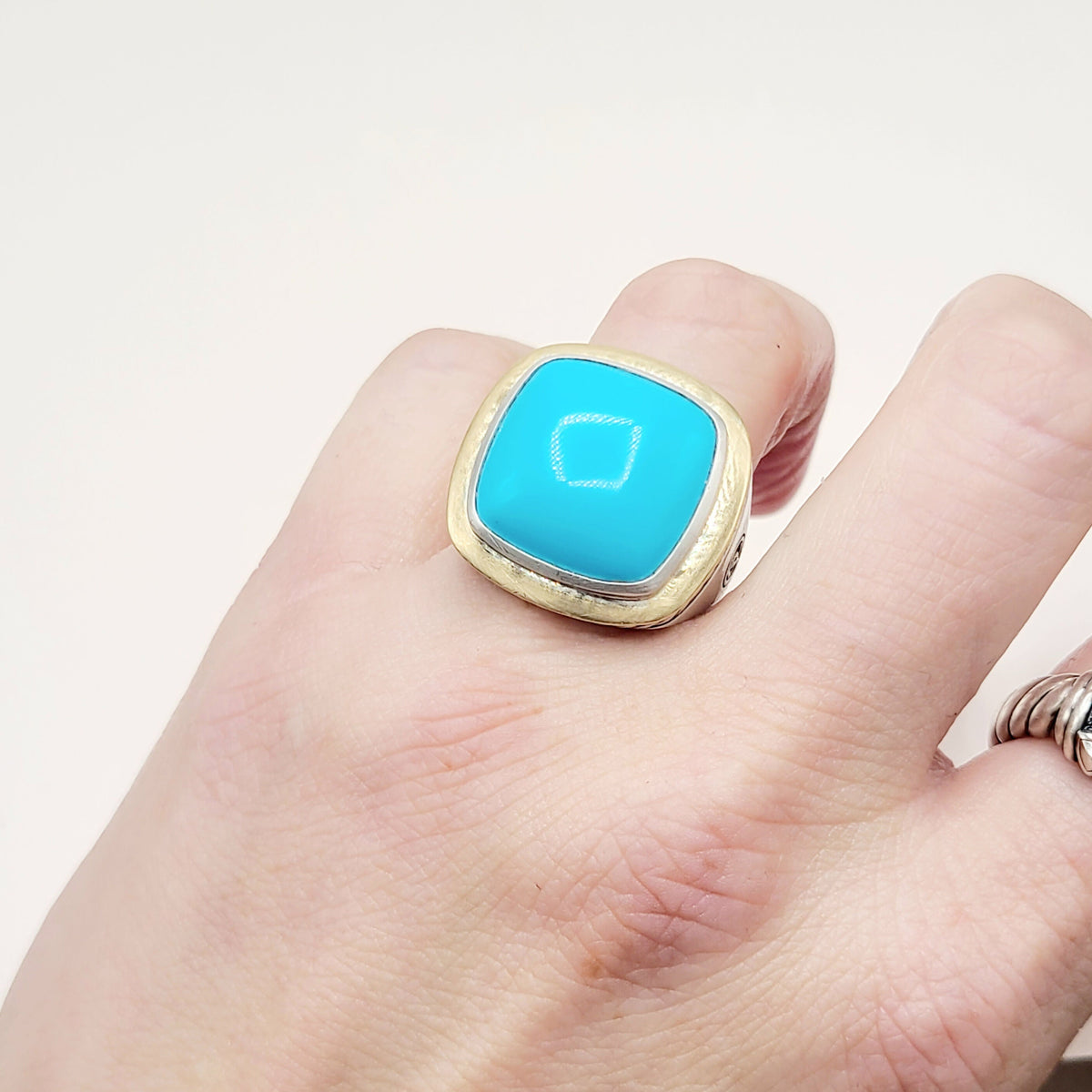 David Yurman Albion Turquoise Statement Ring Sterling Silver 18K Gold 18mm Size 7.5