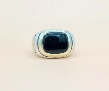  David Yurman Black Onyx Silver & Gold Signet Cable Ring