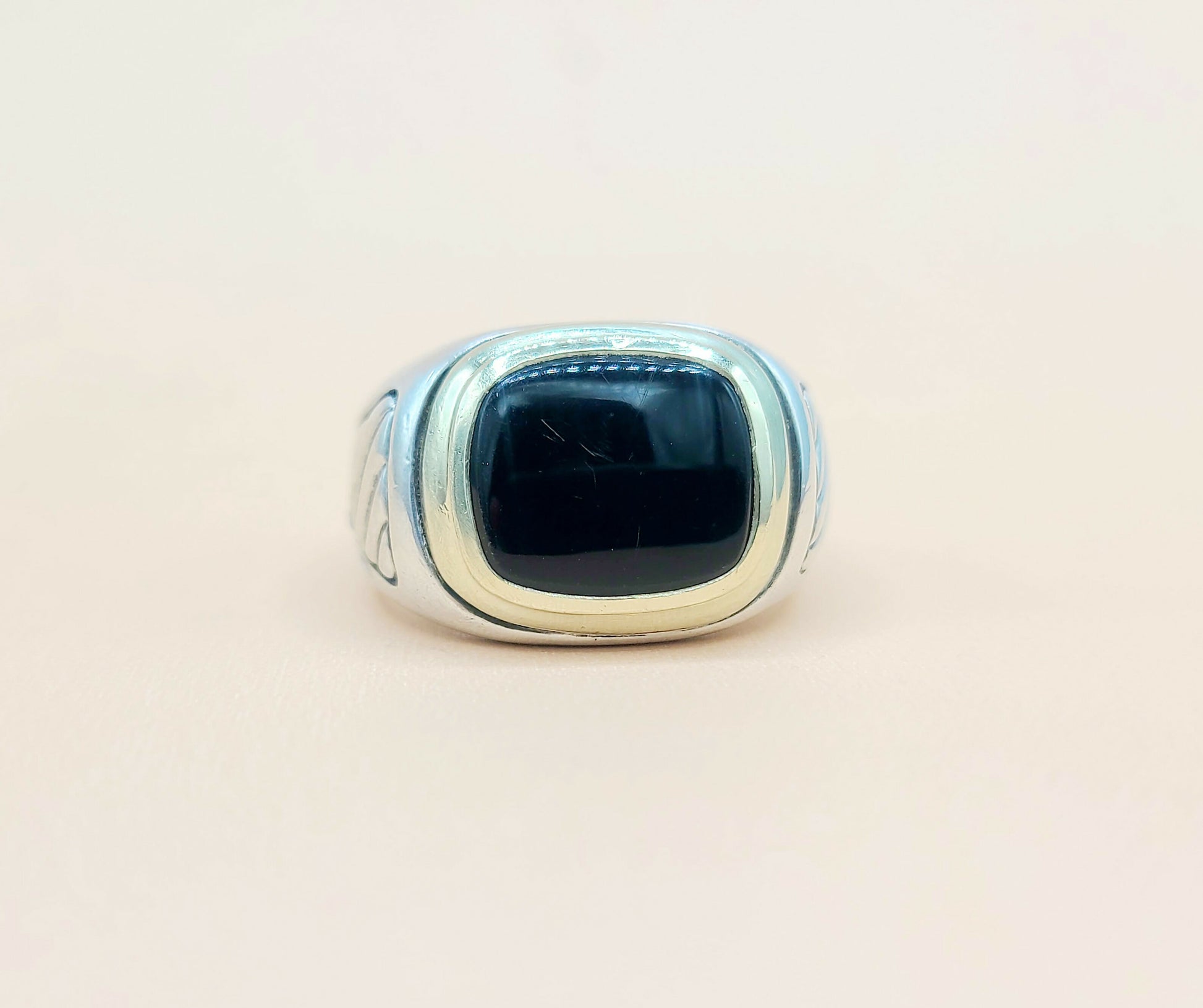 David Yurman Black Onyx Cable Signet Ring in Silver & Gold  AYW Luxury #