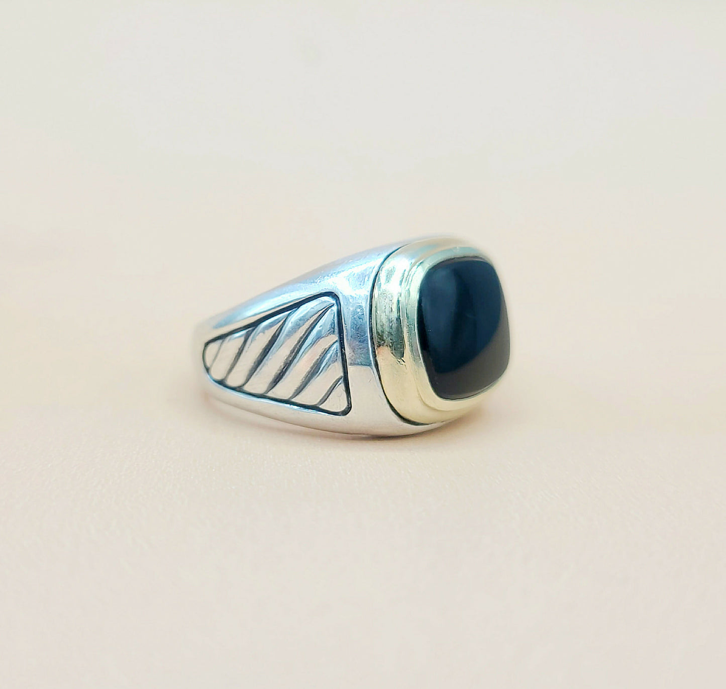David Yurman Black Onyx Cable Signet Ring in Silver & Gold  AYW Luxury #
