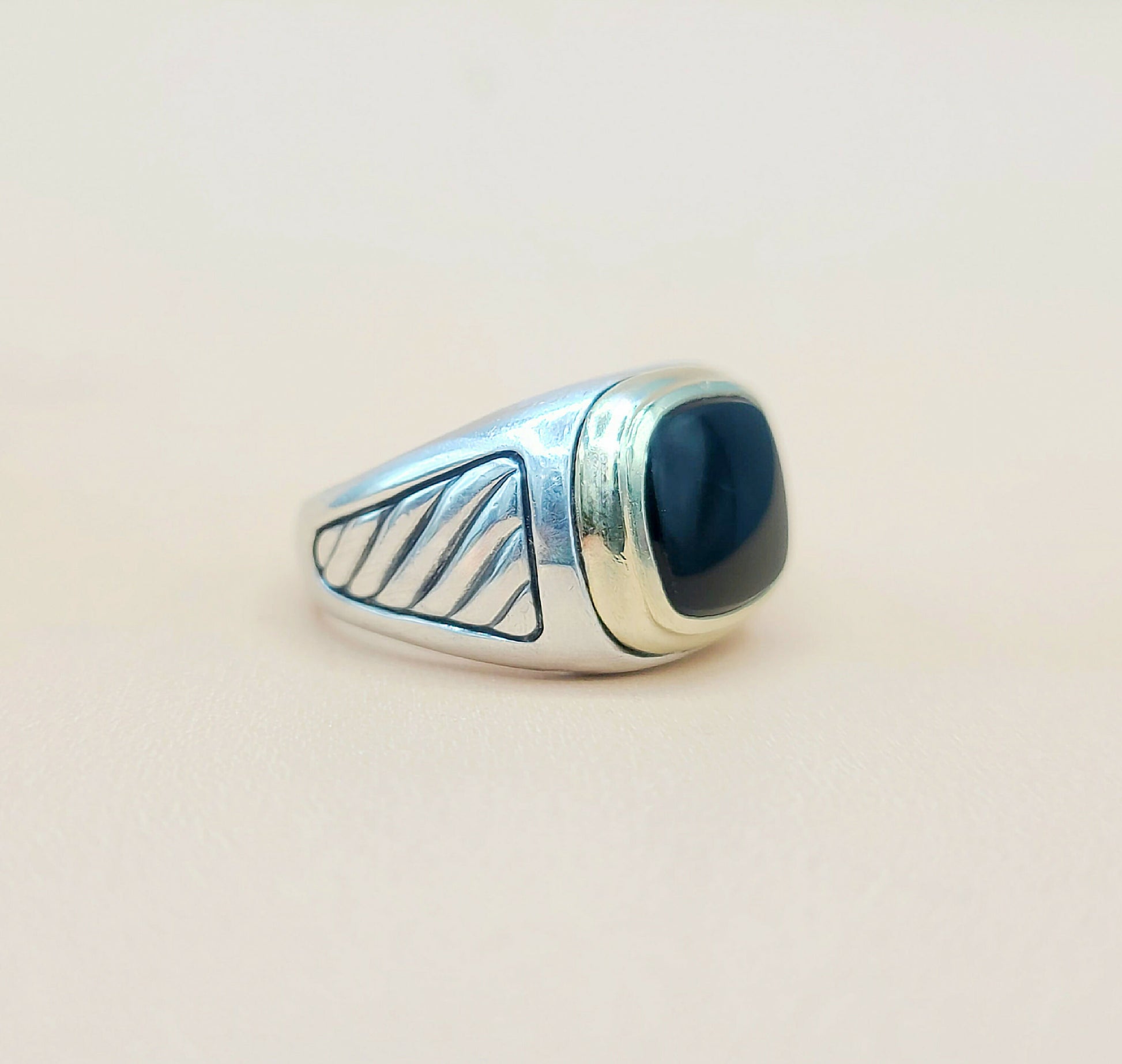 David Yurman Black Onyx Cable Signet Ring in Silver & Gold  AYW Luxury #