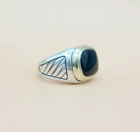  David Yurman Black Onyx Silver & Gold Signet Cable Ring