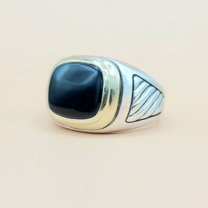 David Yurman Black Onyx Cable Signet Ring in Silver & Gold  AYW Luxury #