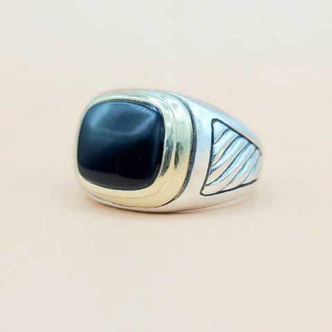 David Yurman Black Onyx Silver & Gold Signet Cable Ring