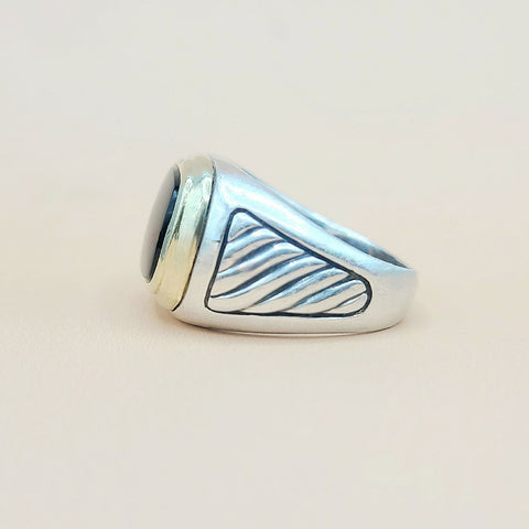  David Yurman Black Onyx Silver & Gold Signet Cable Ring
