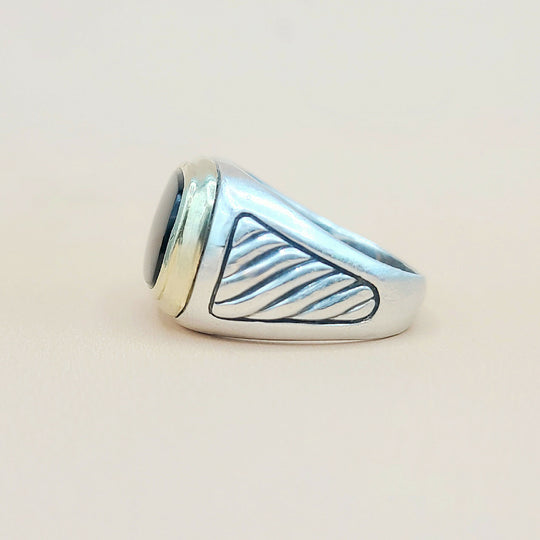  David Yurman Black Onyx Silver Gold Signet Cable Ring