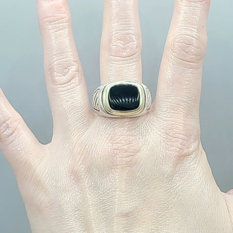  David Yurman Black Onyx Silver & Gold Signet Cable Ring