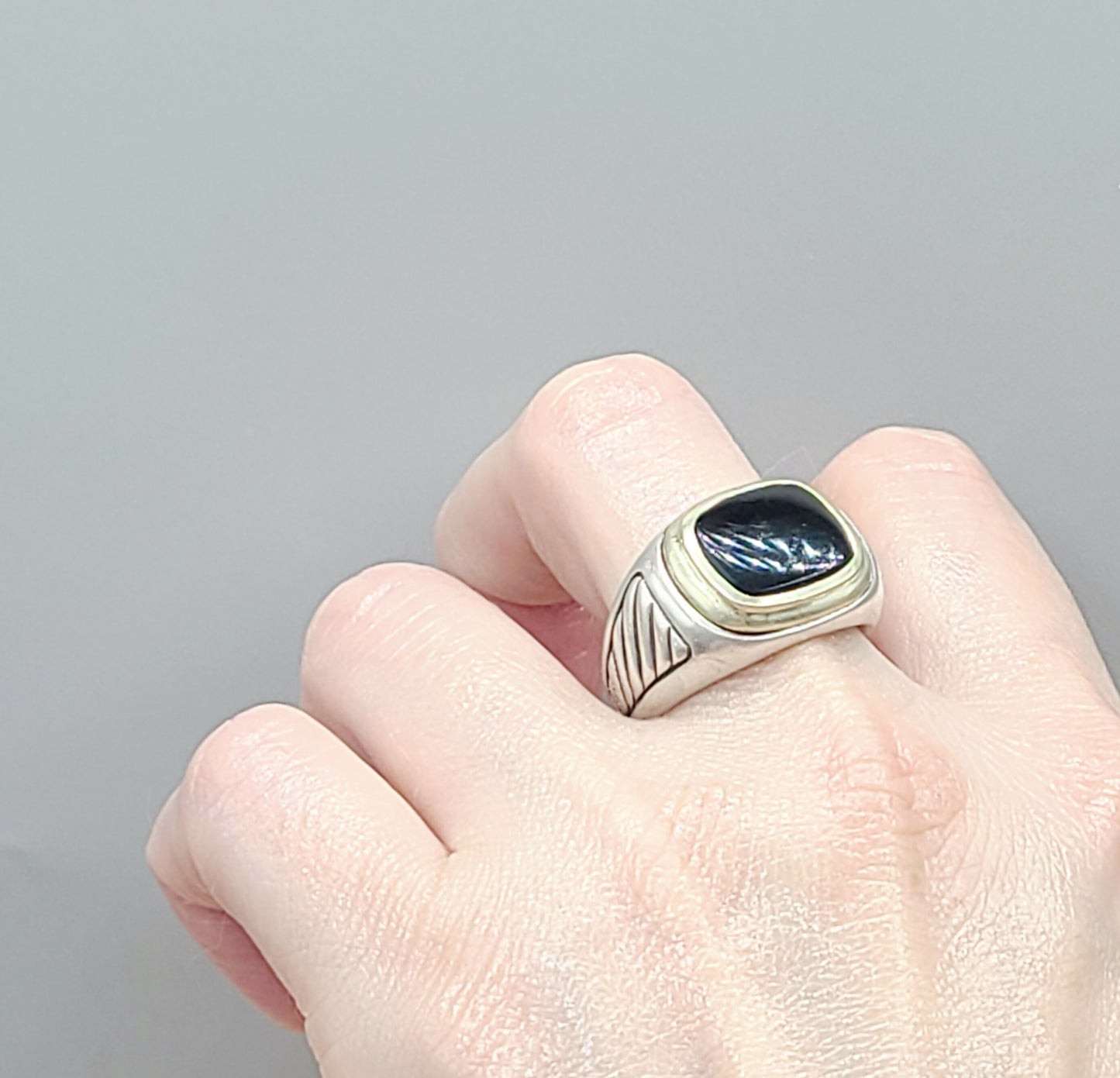 David Yurman Black Onyx Cable Signet Ring in Silver & Gold  AYW Luxury #