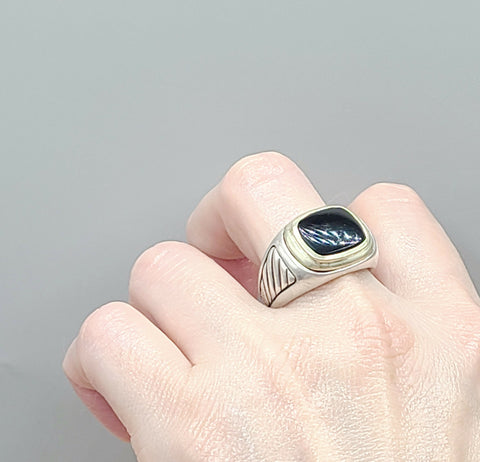 David Yurman Black Onyx Silver & Gold Signet Cable Ring