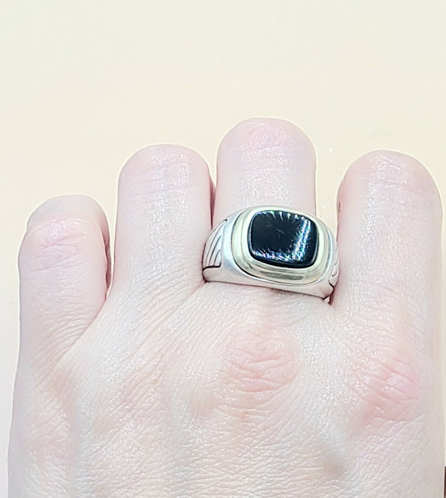 David Yurman Black Onyx Cable Signet Ring in Silver & Gold  AYW Luxury #