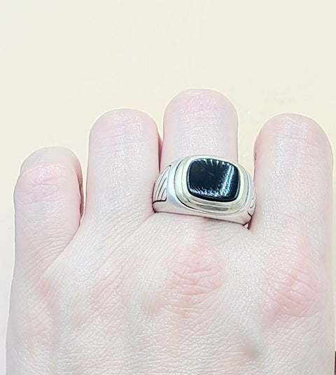  David Yurman Black Onyx Silver & Gold Signet Cable Ring