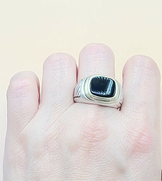  David Yurman Black Onyx Silver Gold Signet Cable Ring
