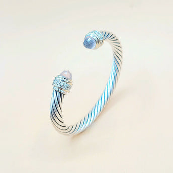  David Yurman 7mm Rose Quartz Diamonds Sterling Silver White Gold Cable Bracelet