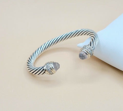  David Yurman 7mm Rose Quartz Diamonds Sterling Silver White Gold Cable Bracelet