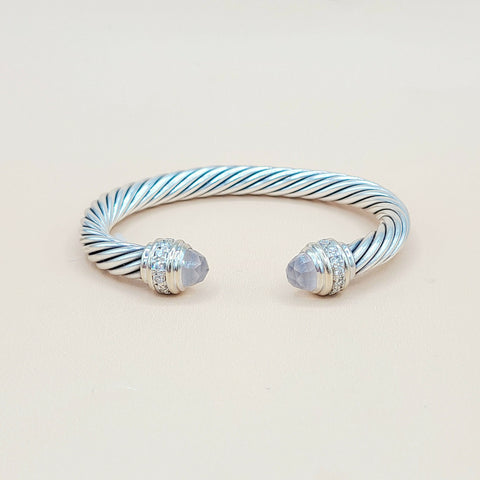  David Yurman 7mm Rose Quartz Diamonds Sterling Silver White Gold Cable Bracelet