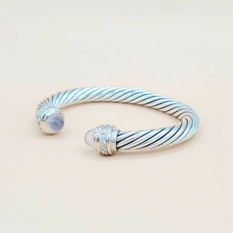  David Yurman 7mm Rose Quartz Diamonds Sterling Silver White Gold Cable Bracelet