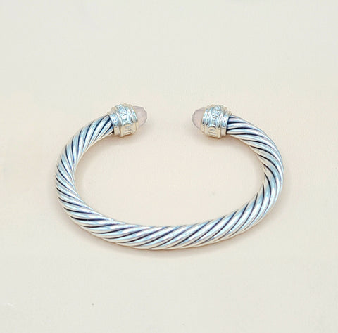  David Yurman 7mm Rose Quartz Diamonds Sterling Silver White Gold Cable Bracelet