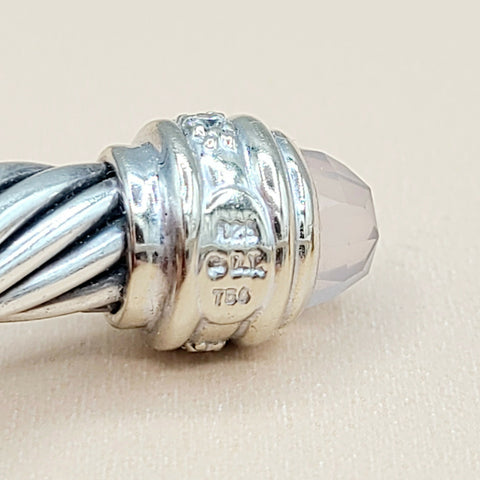  David Yurman 7mm Rose Quartz Diamonds Sterling Silver White Gold Cable Bracelet