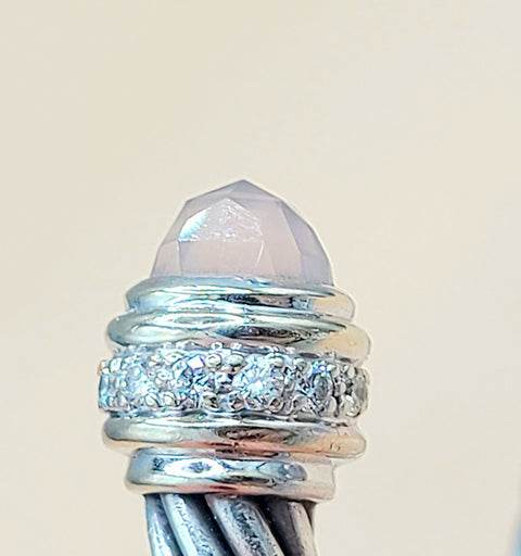  David Yurman 7mm Rose Quartz Diamonds Sterling Silver White Gold Cable Bracelet