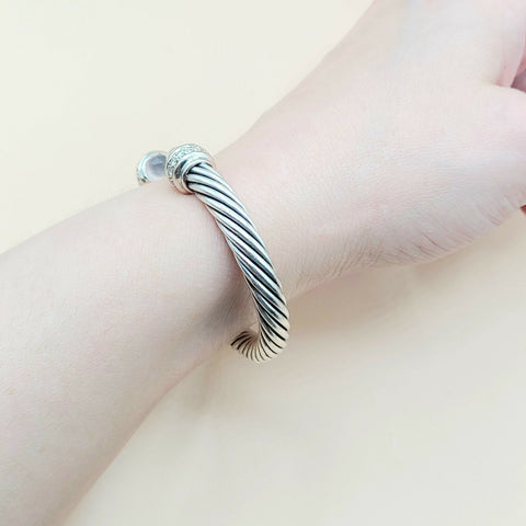  David Yurman 7mm Rose Quartz Diamonds Sterling Silver White Gold Cable Bracelet