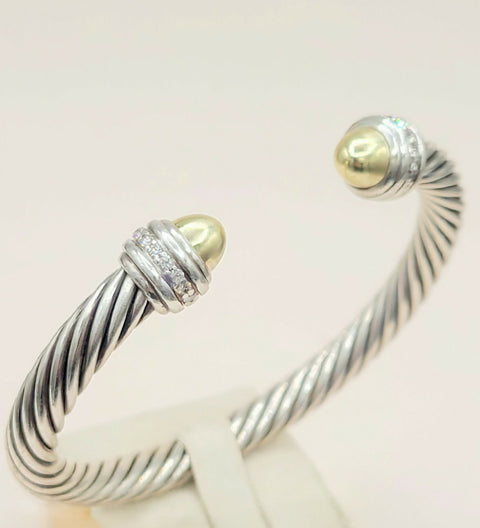  David Yurman Cable Classics Silver Gold Diamond Bracelet , 7mm