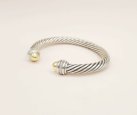  David Yurman Cable Classics Silver Gold Diamond Bracelet , 7mm