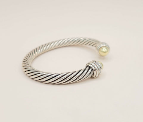 David Yurman Cable Classics Silver Gold Diamond Bracelet , 7mm