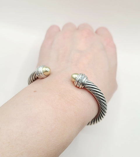  David Yurman Cable Classics Silver Gold Diamond Bracelet , 7mm