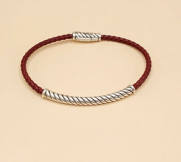 David Yurman Cable Classics ID Bracelet In Sterling Silver and Red Leather