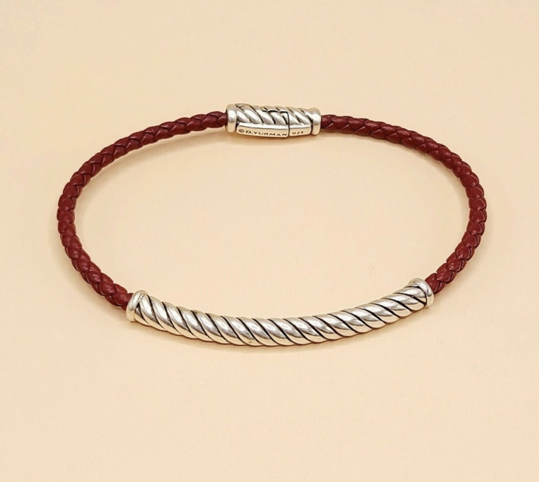 David Yurman Cable Classics ID Bracelet In Sterling Silver and Red Leather