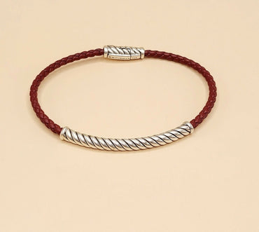 David Yurman Cable Classics ID Bracelet In Sterling Silver and Red Leather