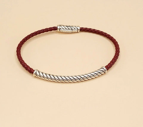 David Yurman Cable Classics ID Bracelet In Sterling Silver and Red Leather