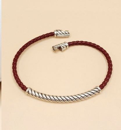David Yurman Cable Classics ID Bracelet In Sterling Silver and Red Leather