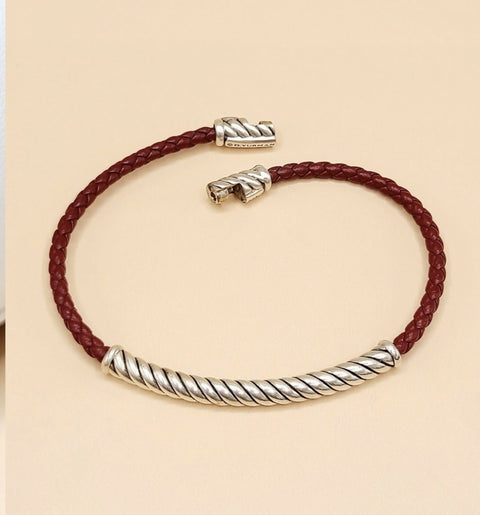 David Yurman Cable Classics ID Bracelet In Sterling Silver and Red Leather