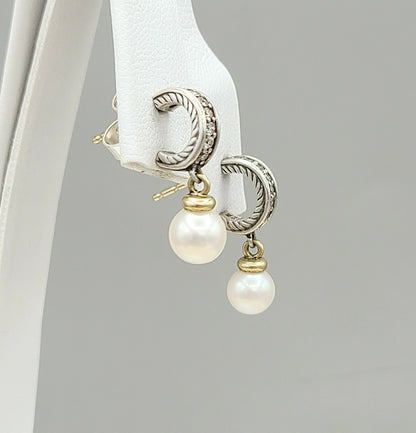 David Yurman Cable Drop Earrings With Pearls And Diamonds