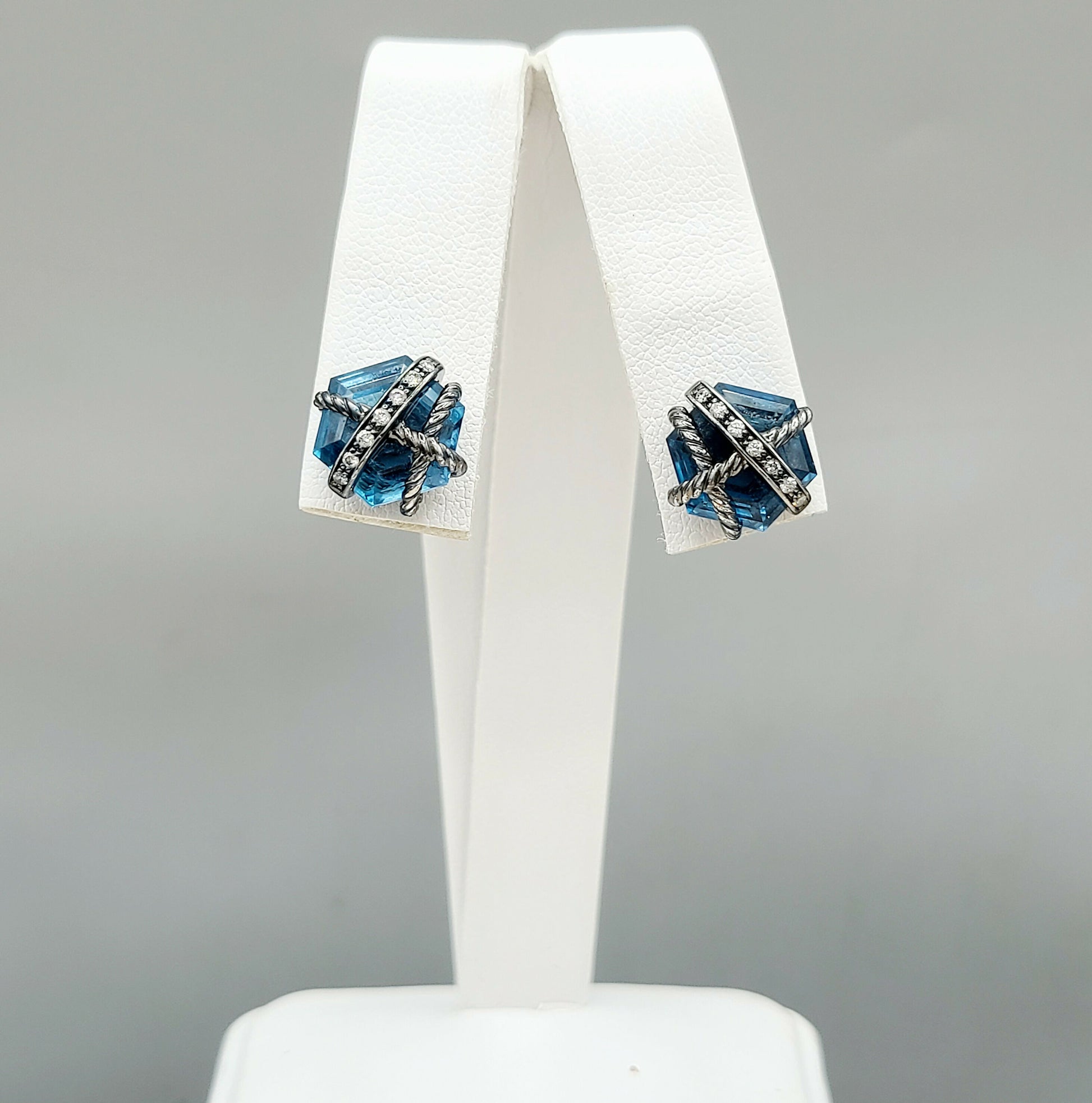 David Yurman Cable Wrap Earrings With Hampton Blue Topaz and Diamonds