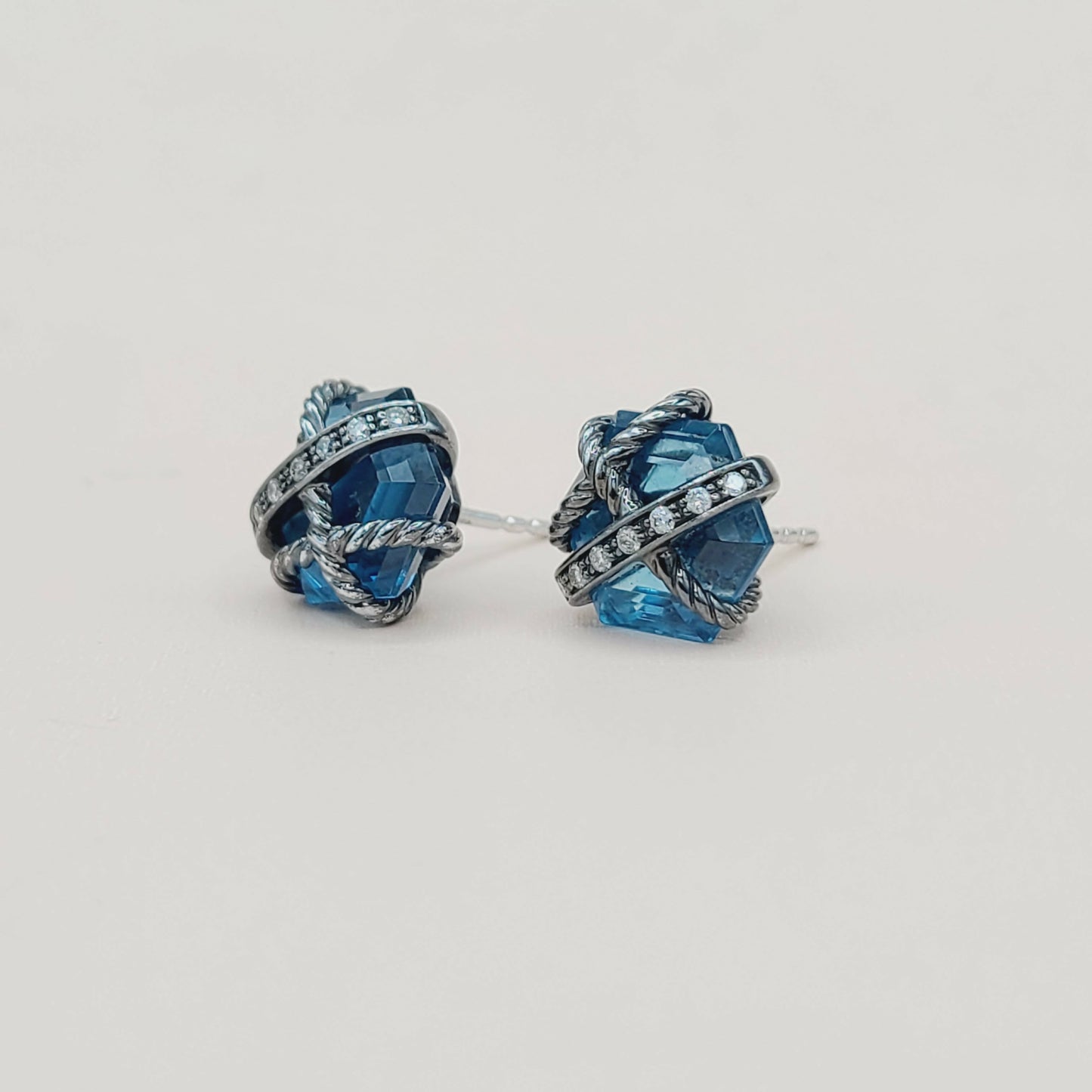 David Yurman Cable Wrap Earrings With Hampton Blue Topaz and Diamonds