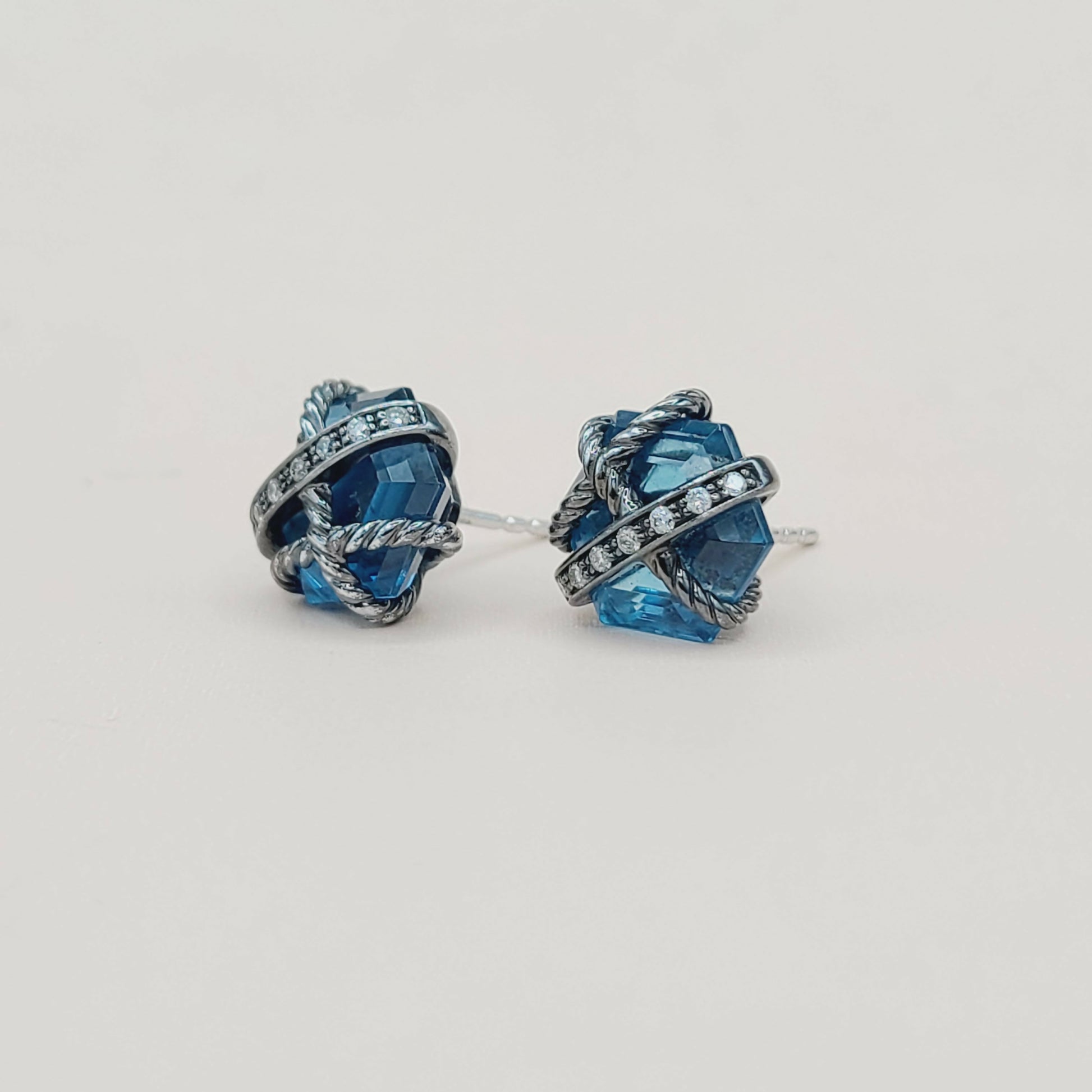 David Yurman Cable Wrap Earrings With Hampton Blue Topaz and Diamonds