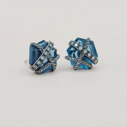 David Yurman Cable Wrap Earrings With Hampton Blue Topaz and Diamonds