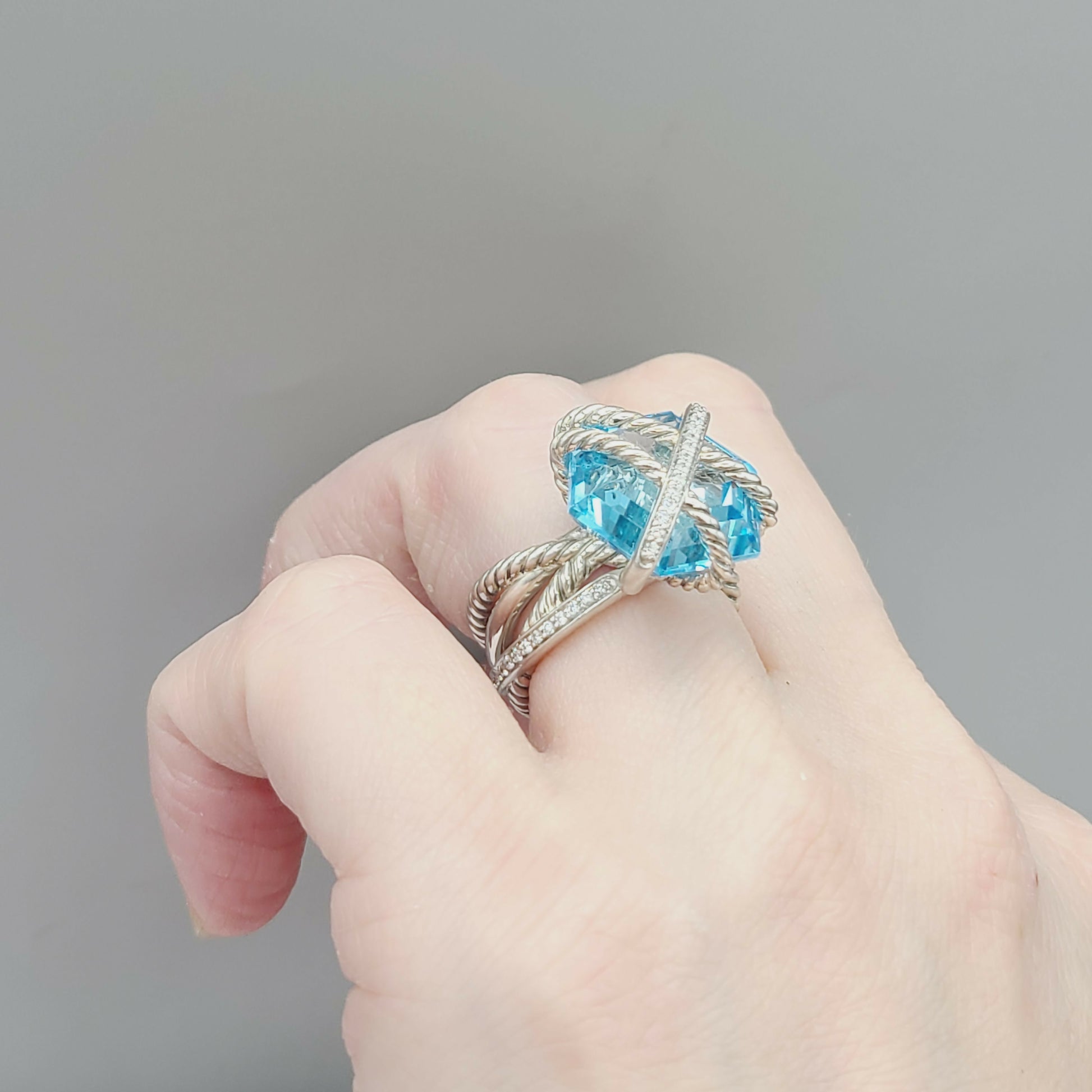 David Yurman Cable Wrap Ring With Blue Topaz And Diamonds