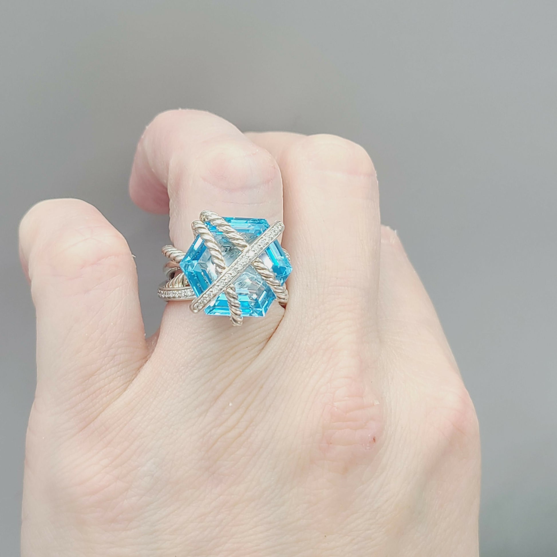 David Yurman Cable Wrap Ring With Blue Topaz And Diamonds