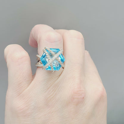 David Yurman Cable Wrap Ring With Blue Topaz And Diamonds