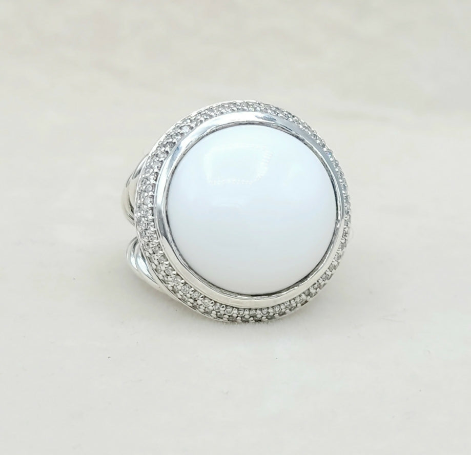 David Yurman Cerise 18mm White Agate Ring With Diamonds