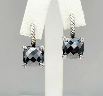 David Yurman Chatelaine Hematite Diamond Drop Earrings Sterling Silver 0.10 TCW 11mm