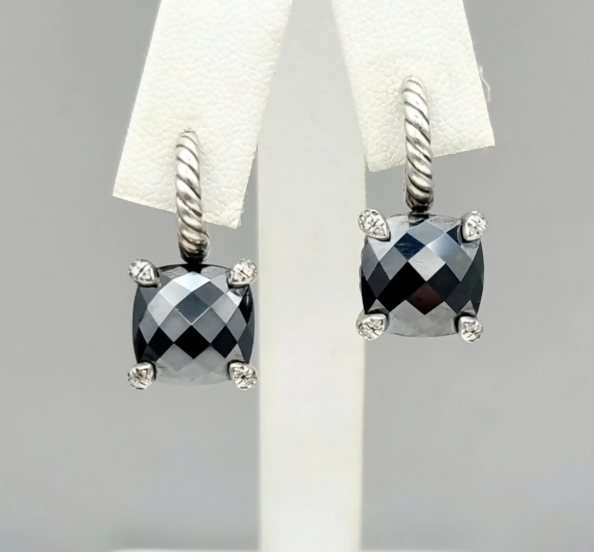 David Yurman Chatelaine Hematite Diamond Drop Earrings Sterling Silver 0.10 TCW 11mm