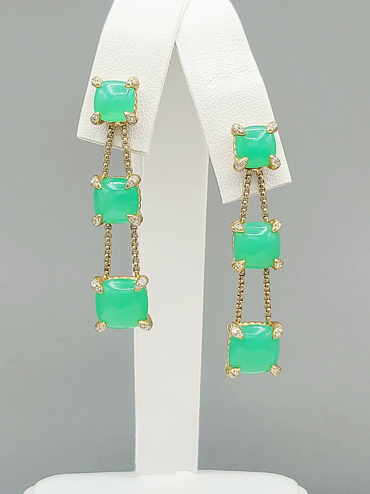 David Yurman Chatelaine Linear Chain Earrings With Chrysoprase & Diamonds In 18k Yellow Gold