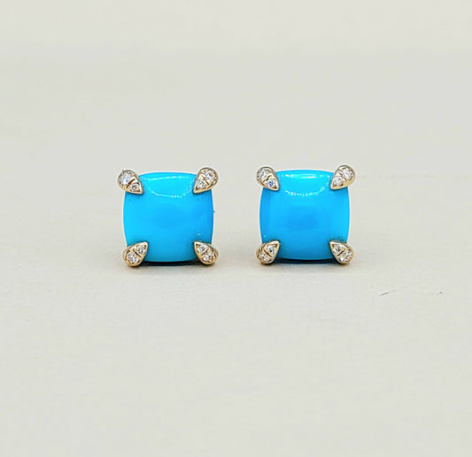 David Yurman Chatelaine Stud Earrings in 18k Gold With Turquoise And Diamonds