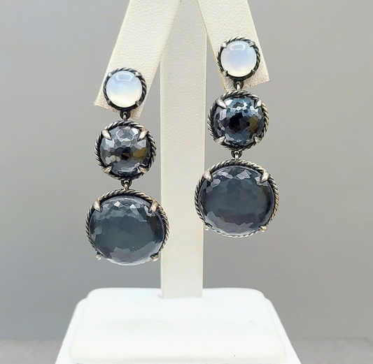 David Yurman Chatelaine Triple Drop Earrings Moon Quartz Black Orchid Hematite Sterling Silver 48mm