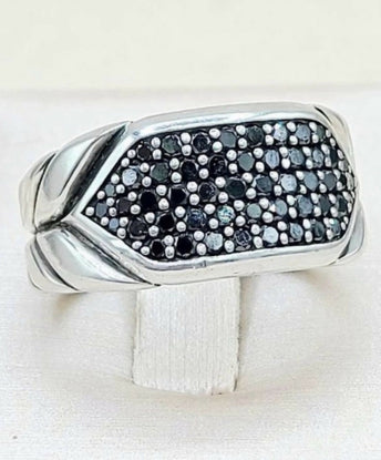 David Yurman Chevron Pavé Black Diamond Signet Ring Sterling Silver 0.74 TCW Size 9